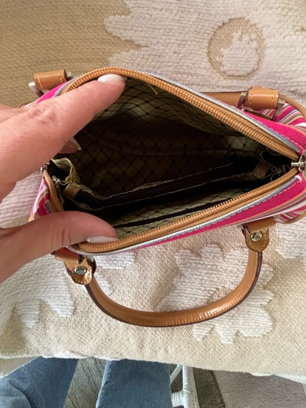 Striped Pink Multi-Color Canvas Satchel with Tan Handles - Picture 8 of 12
